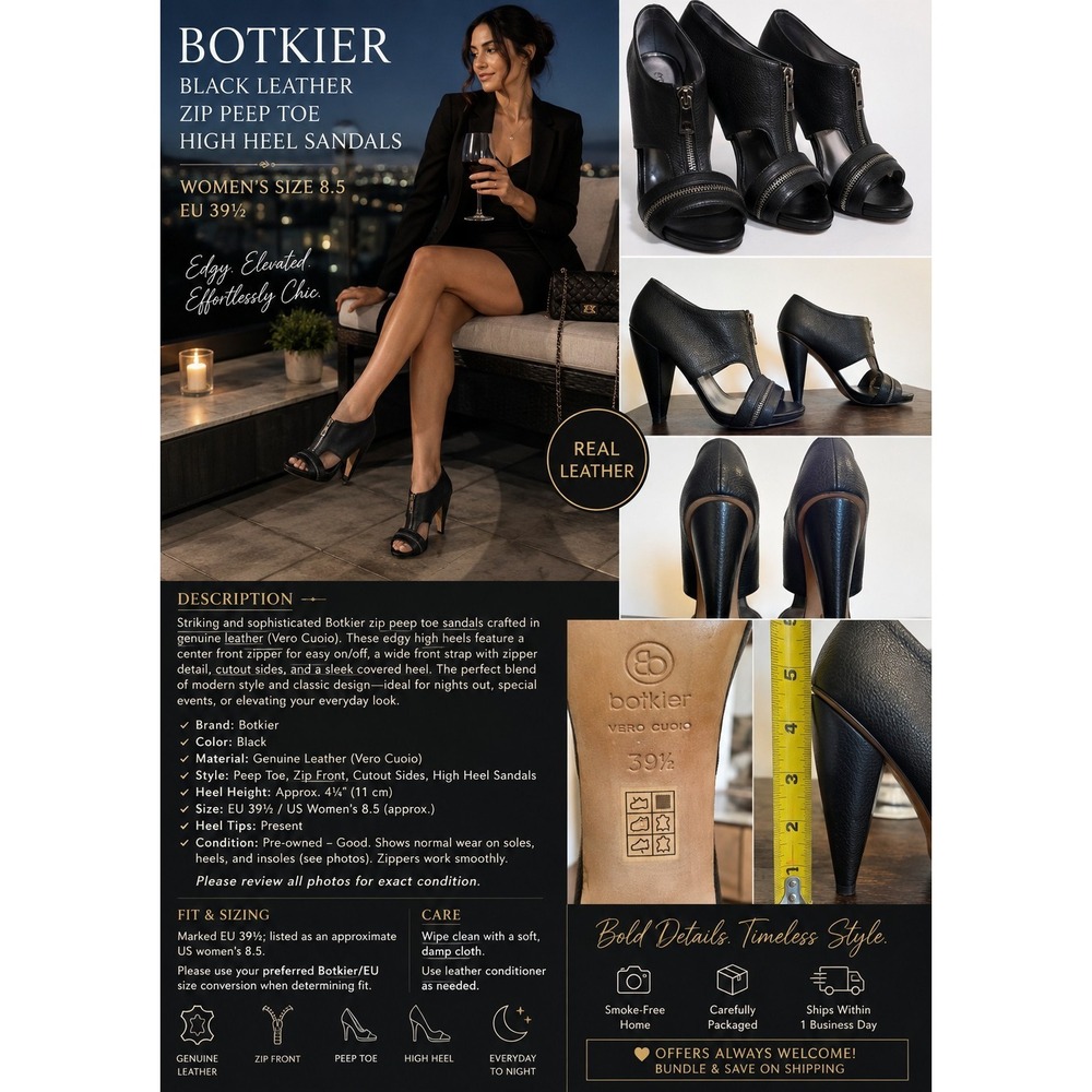Botkier Black Leather Zipped Peeped-Toe Heeled Sandal Womens 39½ Size 8.5 Gothic